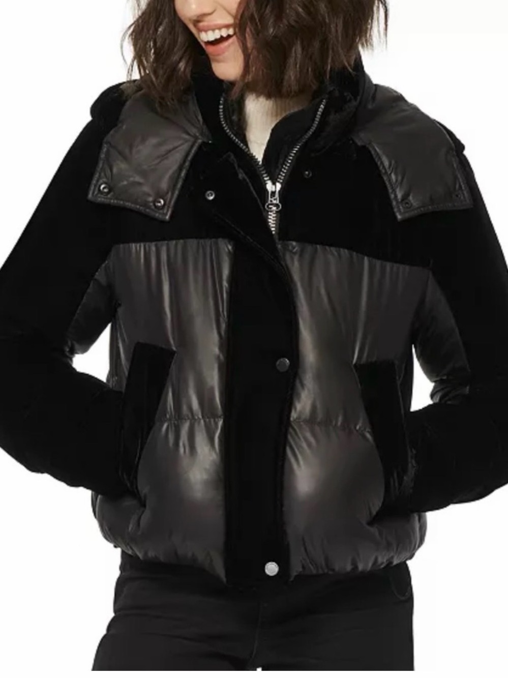 Andrew Marc Black Quilted & Velvet Panel Puffer Jacket - Womens